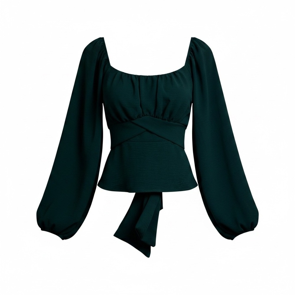 Altar'd State Womens Dark Green Long Sleeve Tie Back Peplum Blouse Small